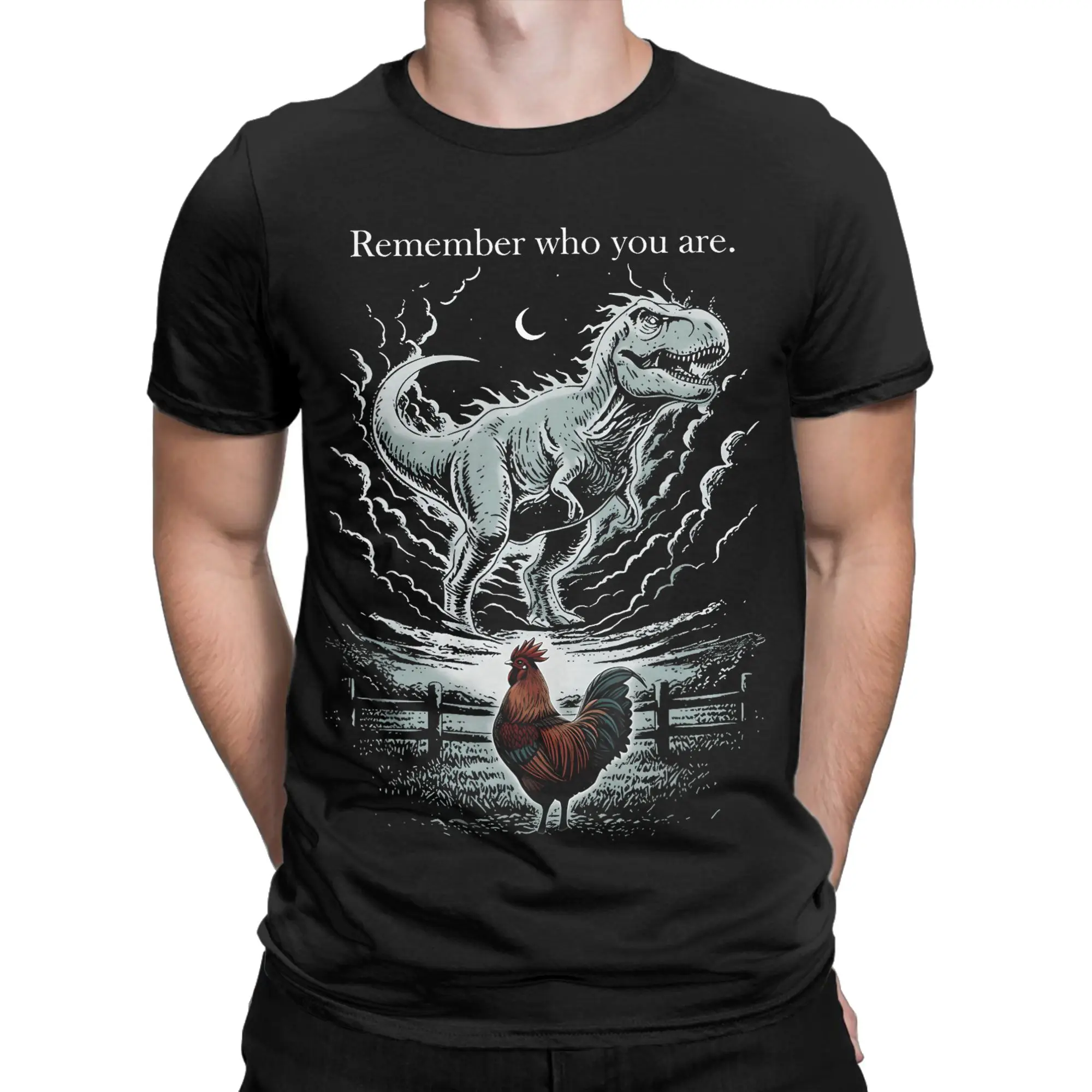 Vintage Remember Who are You Dinosaur Chicken Funny Meme 100 Cotton T Shirt For Men Summer  Classic T-Shirts O-Neck Hippie Tees