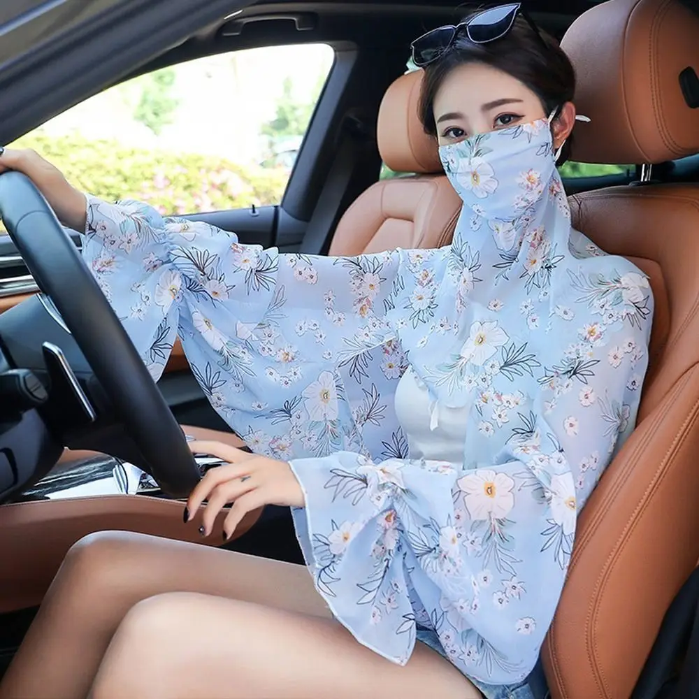 

Cooling Sleeves Summer Sunscreen Sleeves Floral Long Sleeve Flower Arm Sleeves With Mask Veil Transparent Women Chiffon Shawls