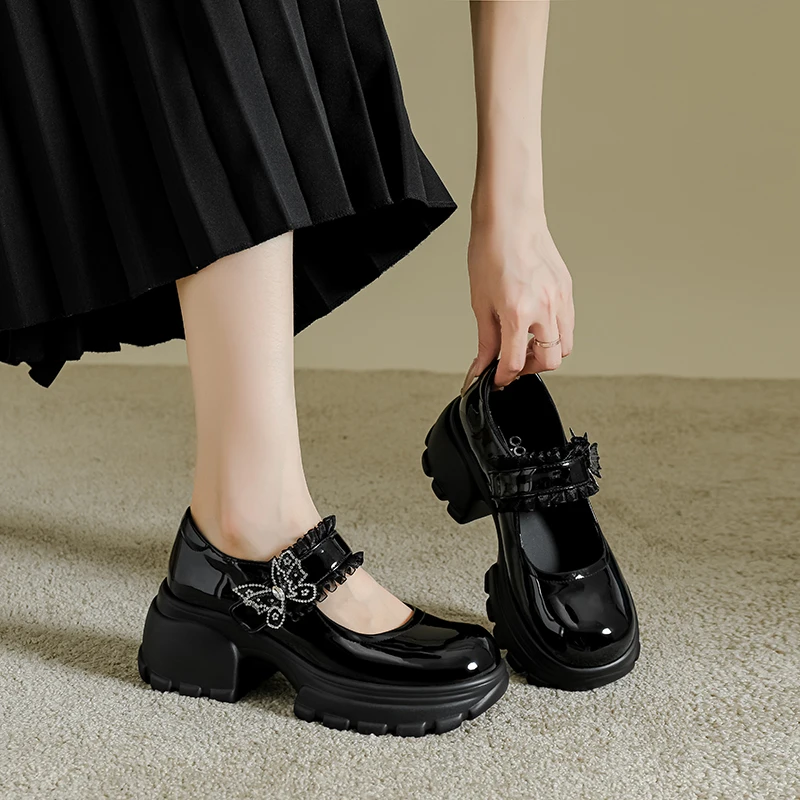 Sepatu Kulit Wanita dengan Renda Prancis dan Rok, Sepatu Mary Jane Bersol Tebal dengan Hak Tebal