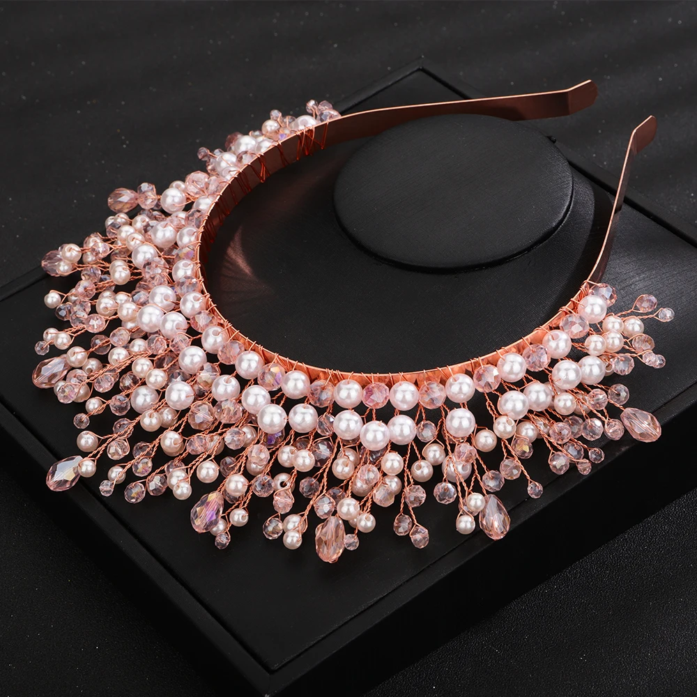 Crystal Pearl Bridal Headband Crown Women Ornaments Handmade Pink Wedding Hair Accessories Jewelry Party Bride Headpiece Tiaras