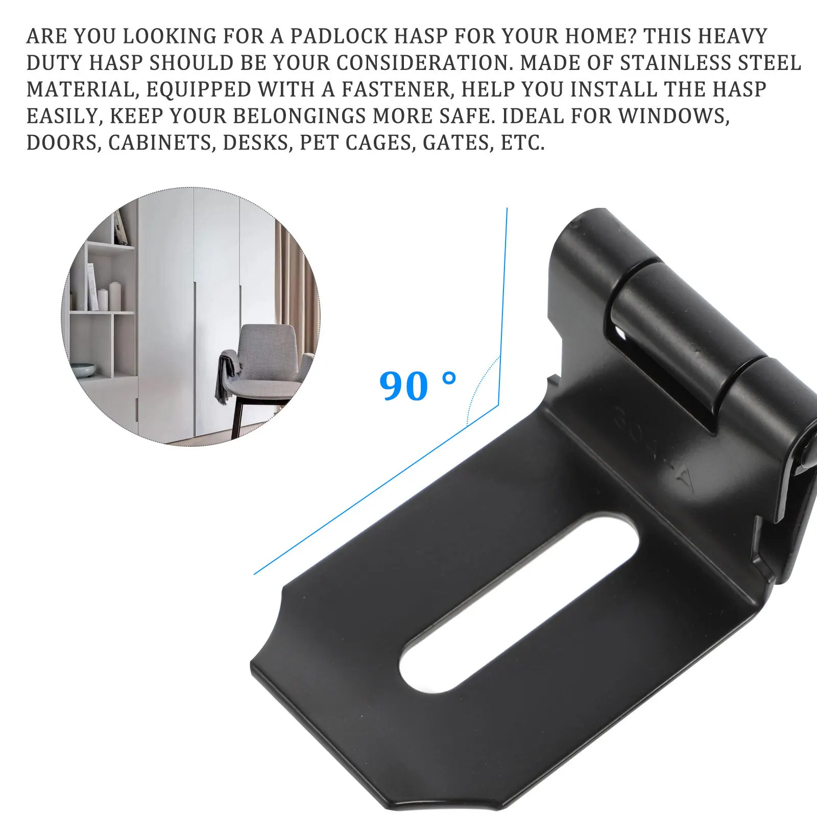 

2Pcs Stainless Steel Right Door Hasp for Cabinet Wood Gate Security - Heavy Duty 90 Degree Padlock Latch with