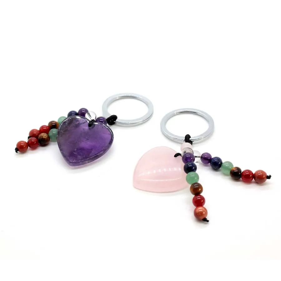 Natural Amethyst Heart Crystal Keychain 7 Chakra Healing Gemstone Tassel Key Ring for Women Girls Key Holder Decor Man Jewelry