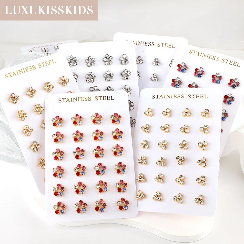 LUXUKISSKIDS-pendientes de diamantes de imitación para mujer y niña, aretes coloridos con diseño de pétalos de flores, 12 pares/tarjeta, accesorios