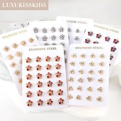 LUXUKISSKIDS-pendientes de diamantes de imitación para mujer y niña, aretes coloridos con diseño de pétalos de flores, 12 pares/tarjeta, accesorios de joyería al por mayor