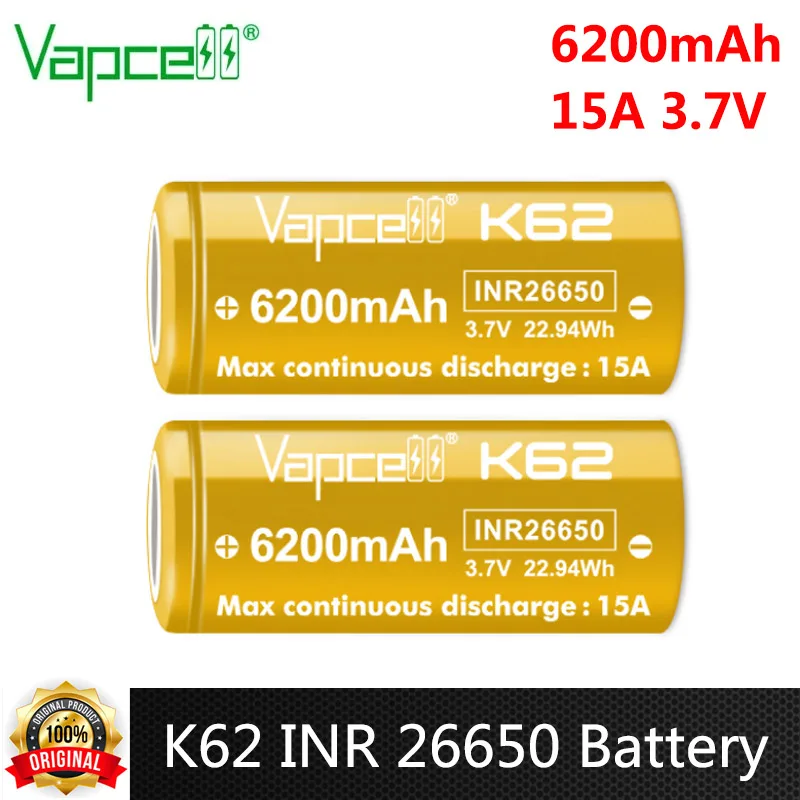 Original Vapcell K62 INR 26650 Battery 6200mAh Highest Capacity 15A 3.7V Rechargeable Lithium Battery For Flashlight VapeMod Toy