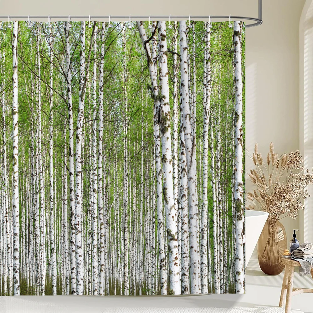 High Quality Birch Forest Fabric Shower Curtain Waterproof Natural Landscape Printed Bath Curtains for Bathroom Decor with Hooks