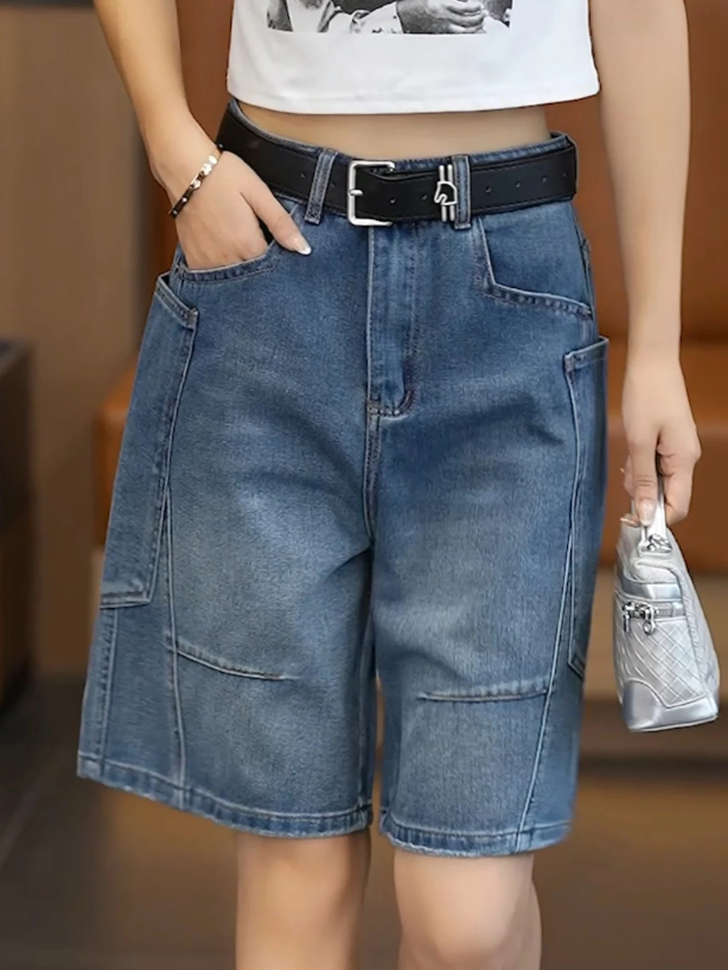 High Waist Slimming Wide Leg Jeans Women's Summer Thin Five-Point A-Line Shorts Casual Straight Cut High Waist Denim Pants