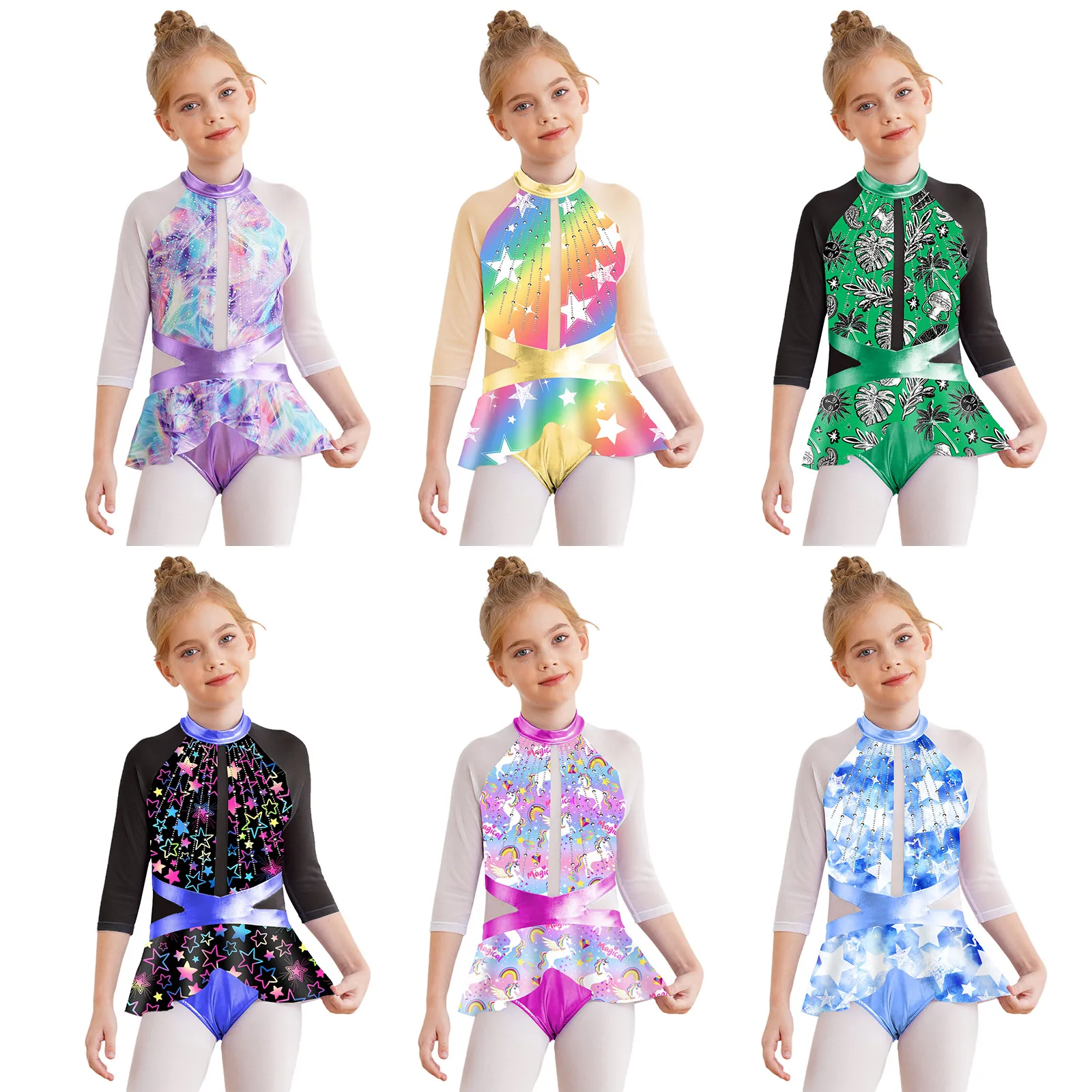 Kids Girls Ballet Dance Leotard 3/4 Sleeve Keyhole Back Ruffle Skirted Hem Dance Bodysuit Sequins Printed Gymnastics Jumpsuit