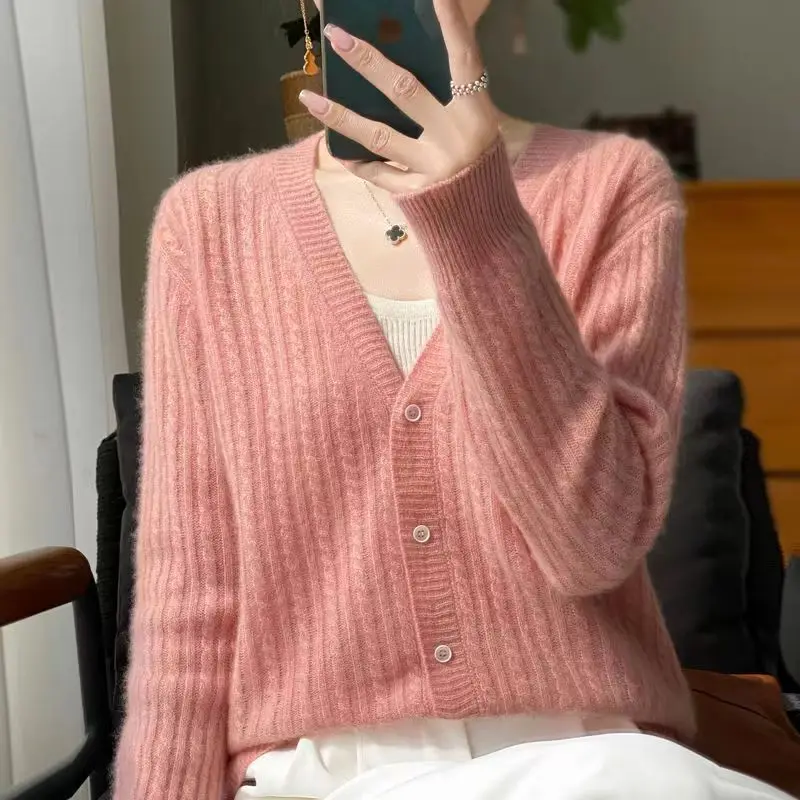 V-Neck 100% Pure Wool Cardigan Women\'s Long Sleeved Solid Color Cashmere Knitted Hollow Loose And Fashionable Knitted Top