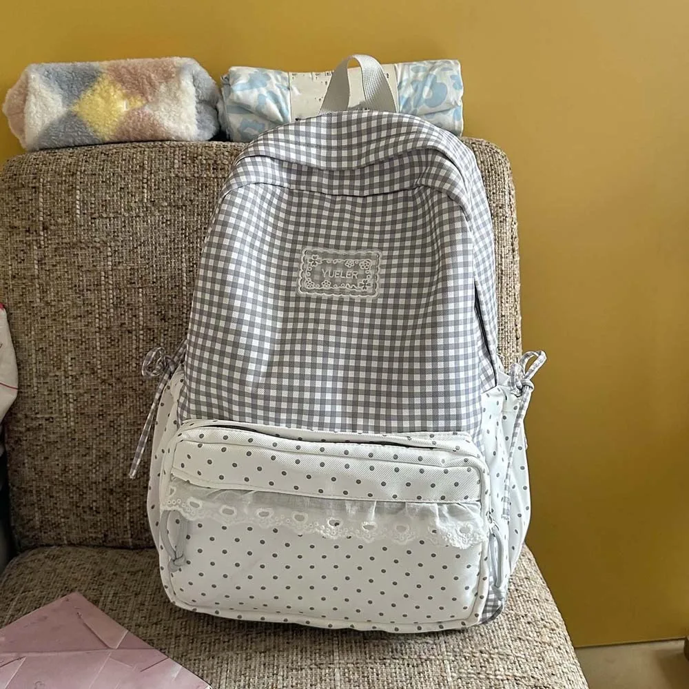 Korean Style Plaid Backpack Pastel Color Lightweight Lace Schoolbag Ruffle Design Multi Pockets Gingham Daypack School Students