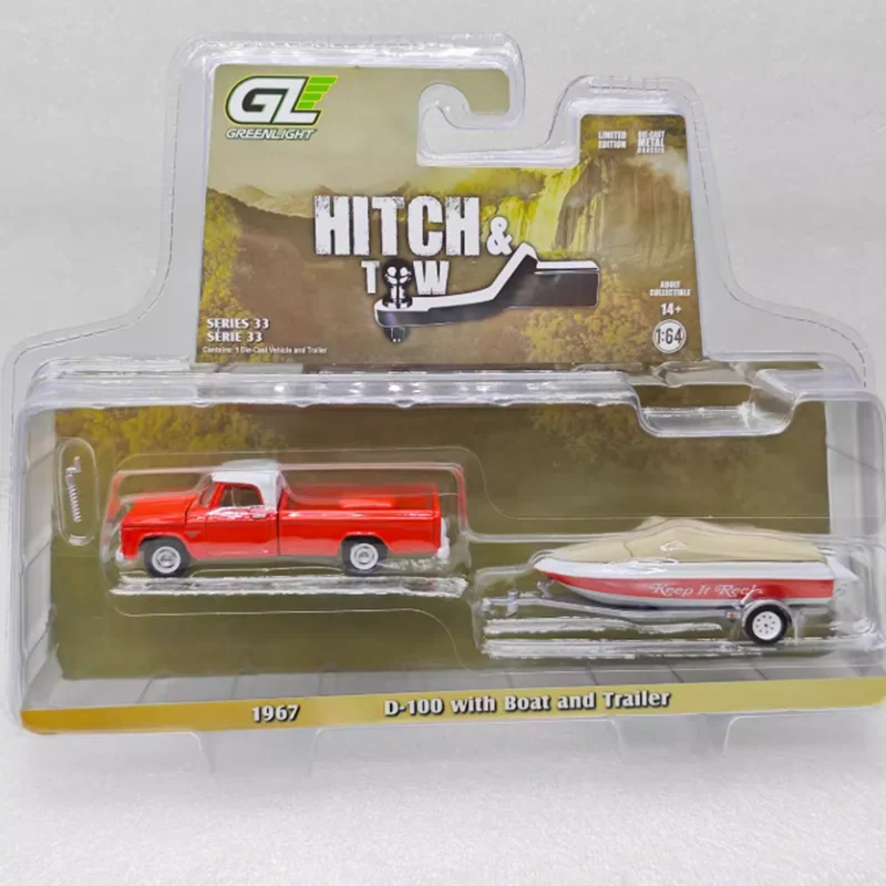 GreenLight 1:64 Scale 1967 D-100 with Boat and Traile Alloy Car Model Static Decoration Collectibles Gift Toys