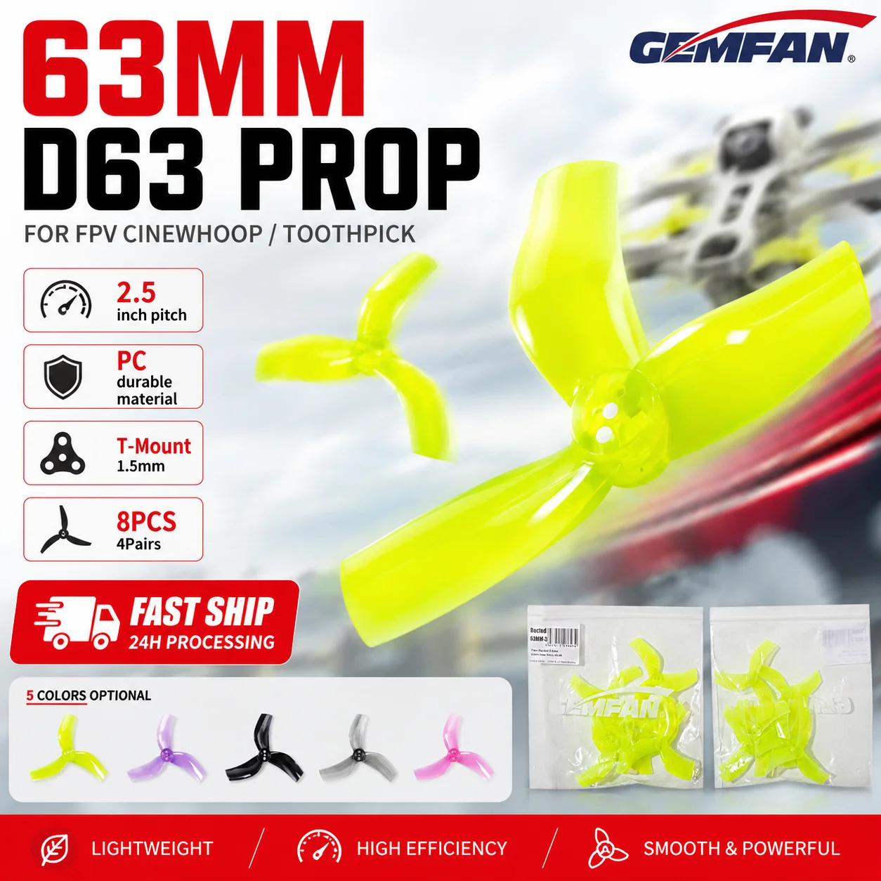4 paires d'hélices Gemfan D63 63mm 2.5 pouces PMPCD63-3 à 3 pales pour drones RC FPV Racing Freestyle Toothpick Cinewhoop Duct