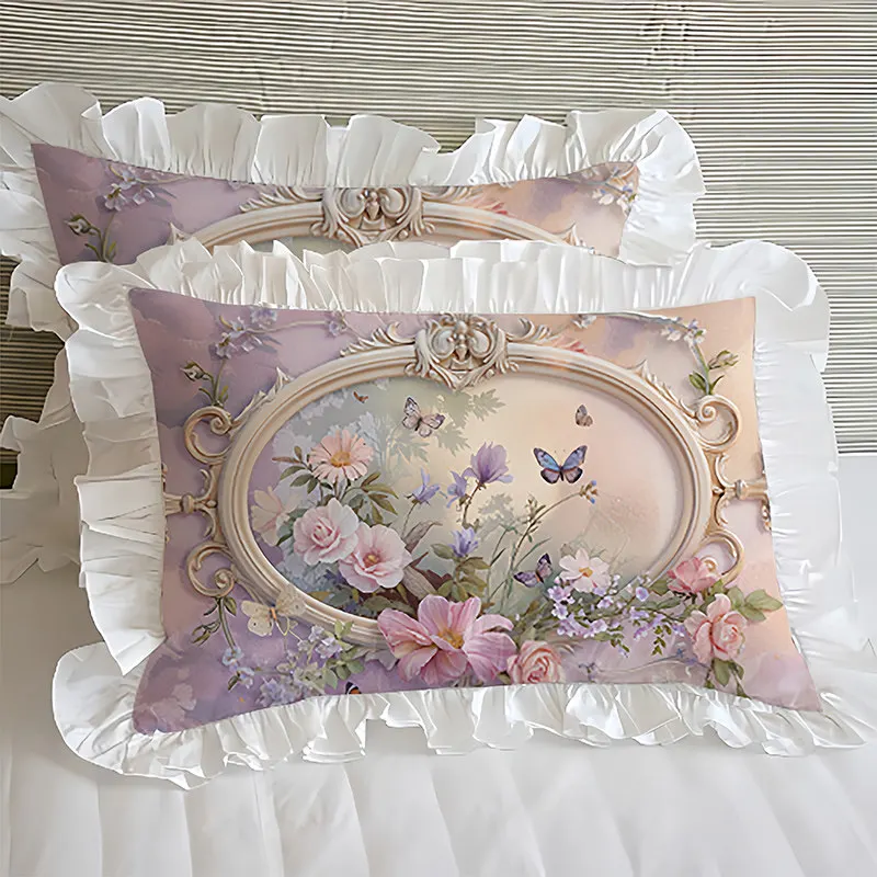 Printed Bedroom French Princess Purple Flower Pillowcase Set Double Layered Lace Pillow Cover There Are 3 Colors To Choose From