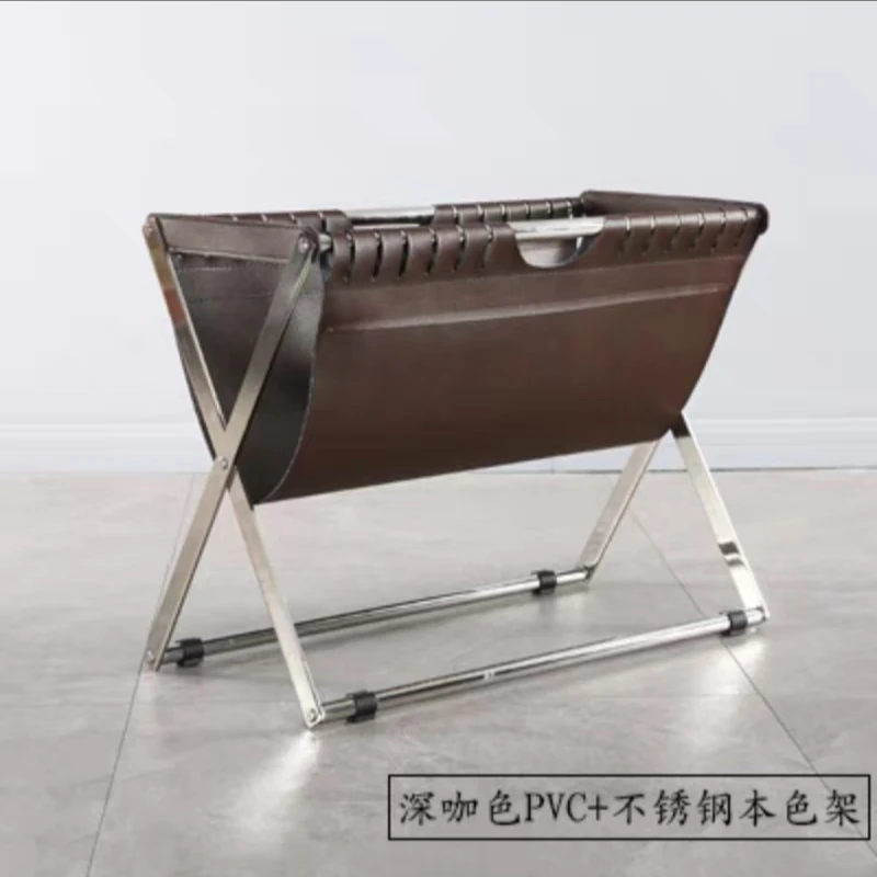 Bookshelf, Hardware PU Leather Magazine Rack, Stainless Steel Storage Rack, Small Bookshelf, Shrink Cross Flower Rack