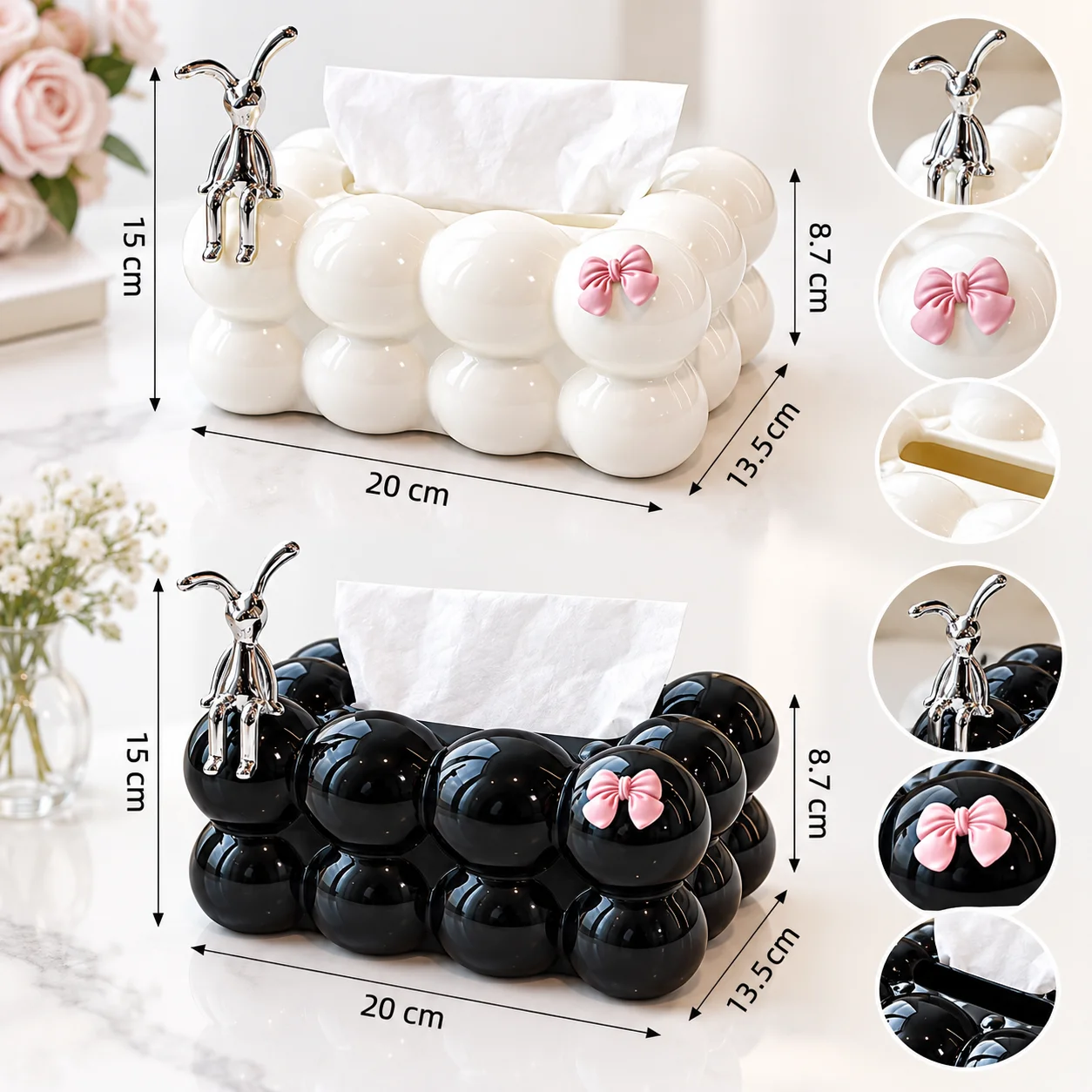 Cloud Bubble Tissue Box Holder with Silver Rabbit & Pink Bow, Spring-Loaded Decorative Tissue Dispenser for Home Décor