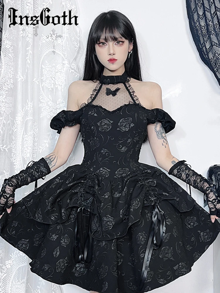 

InsGoth Gothic Sleeveless Halter Neck Bow Dress Women's Vintage Backless Cold Shoulder Print Lace Up A Line Swing Dresses