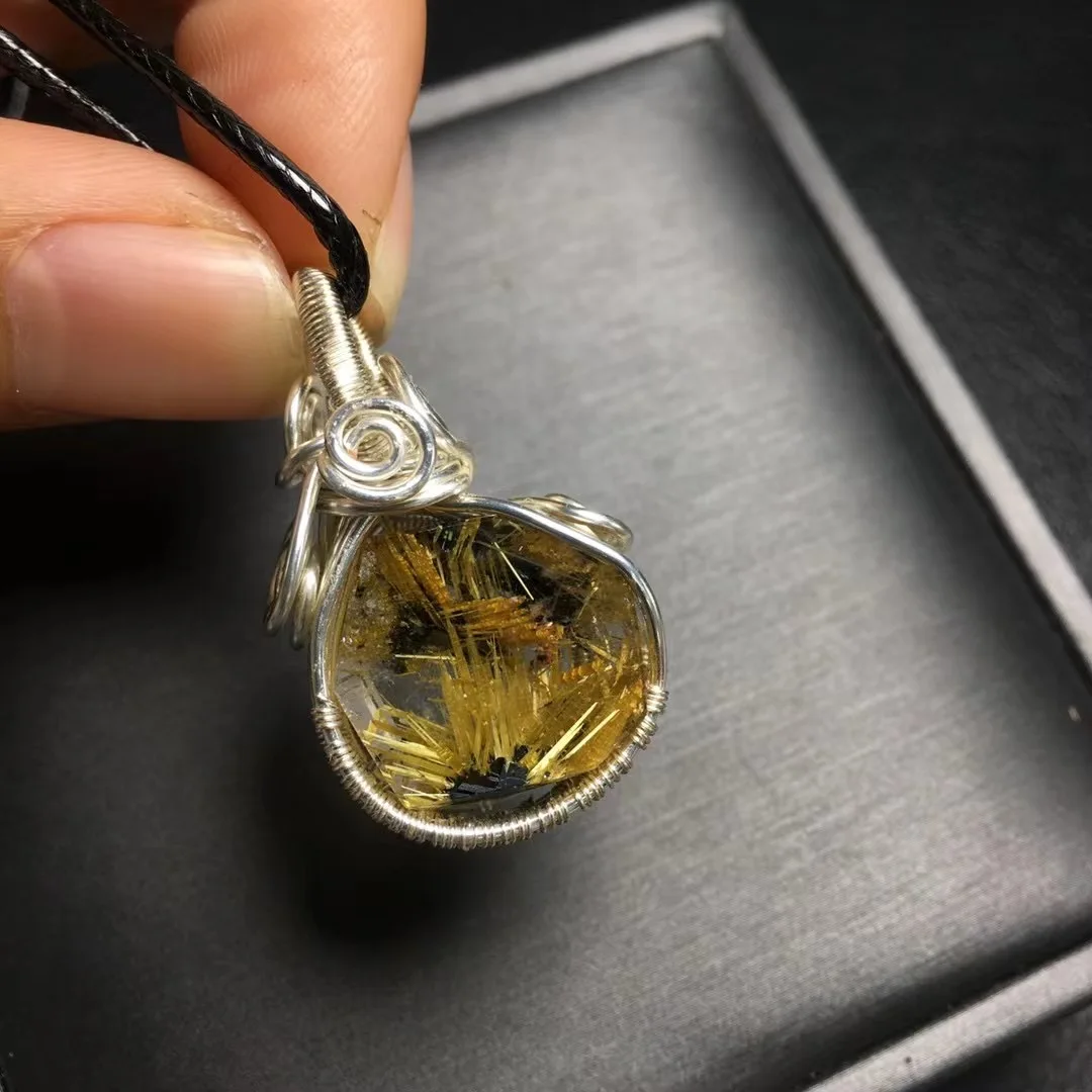 1 Pc Fengbaowu Natural Gold Rutilated Quartz Necklace Pendant White Wire Wrapping Irregular Shape Reiki Healing Stone Gift