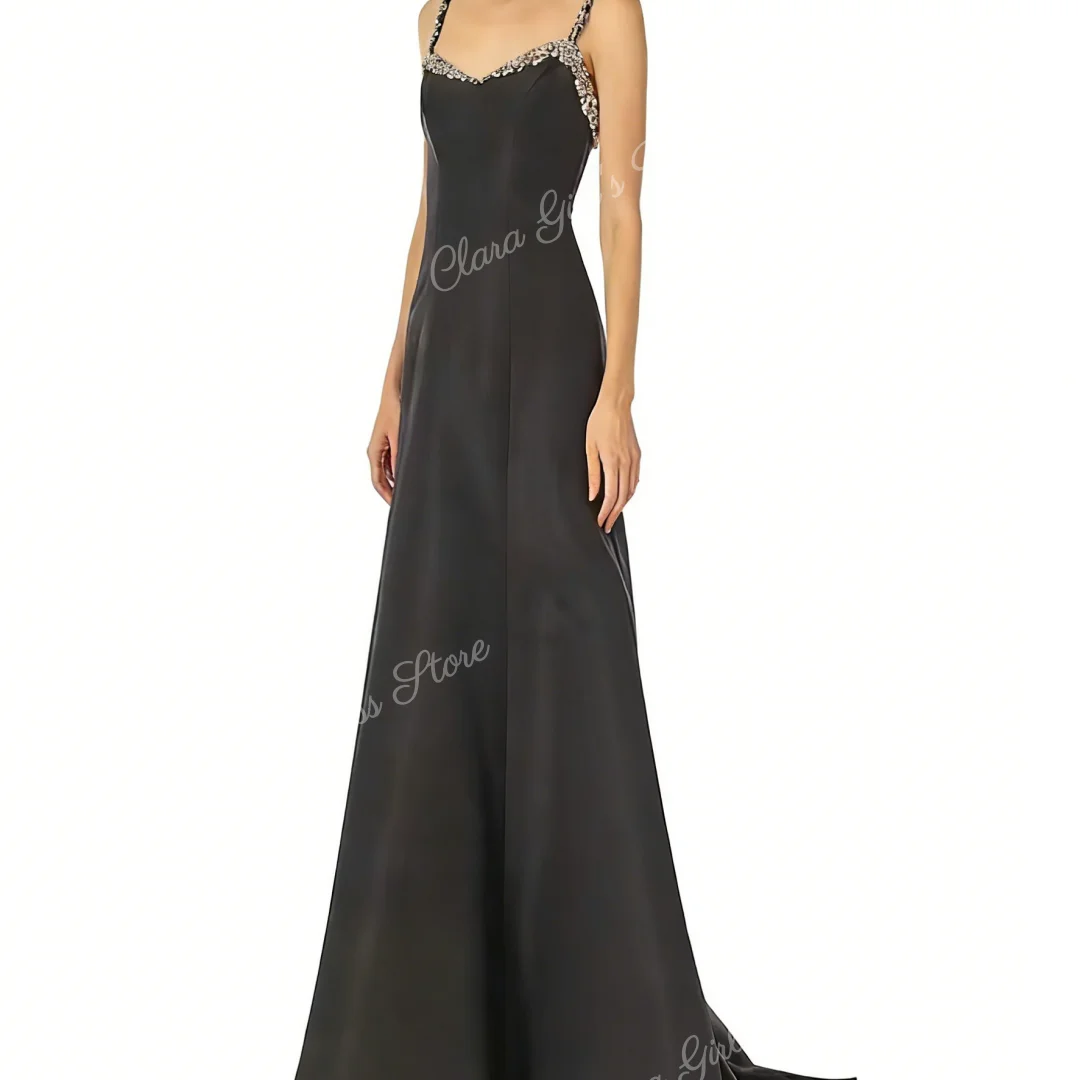 Schwarzes, elegantes Satin-Abendkleid für Damen, Kristall, dünne Träger, ärmellos, ausgestelltes Partykleid