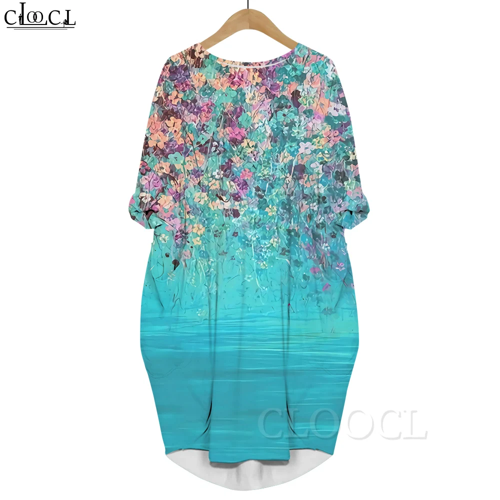 

CLOOCL Women Dress Vintage Summer Flower 3D All Over Printed Loose Daughter Dresses Long Sleeve Party Skirt Summer Pocket Dress