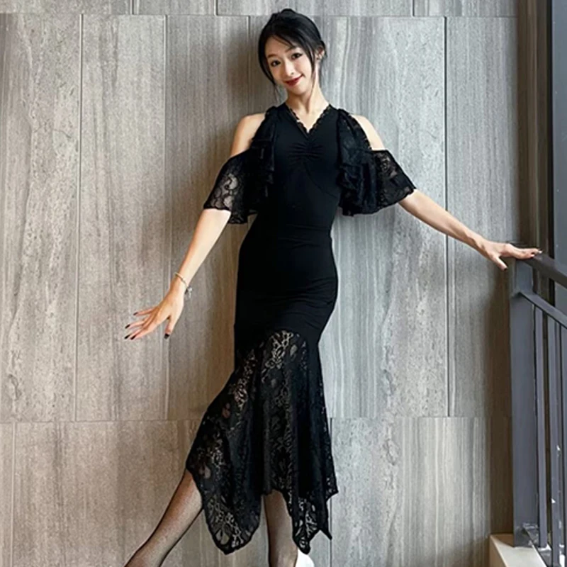 

New Ballroom Dance Clothes Women Black Lace Tops Latin Dance Practice Wear Adult Tango Waltz Dance Dress Prom Party Wear BL12105