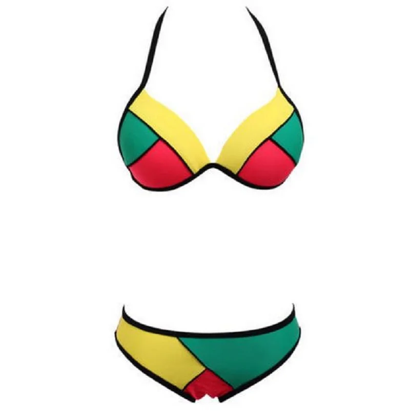 Women's Rasta Colour Block Triangle Bikini Set -  Sexy Two Piece Swimsuit Women Swimwear Set Bathing Suit Beach Wear