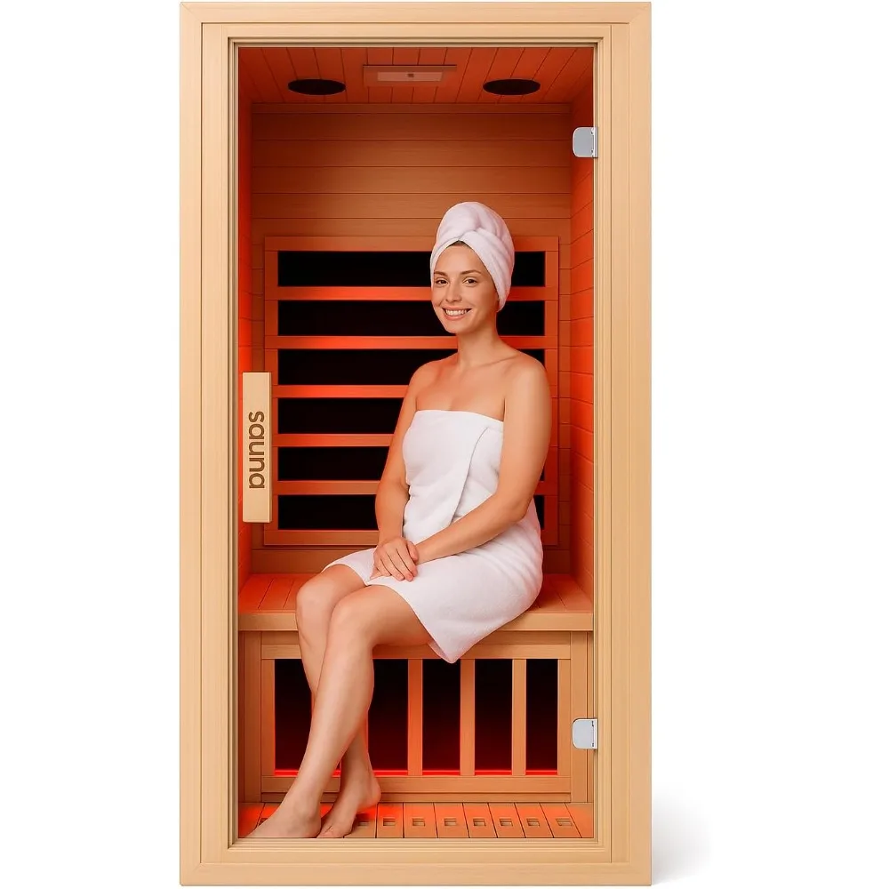 

Infrared Home Sauna Room 1 Person Hemlock Wooden Indoor Dry Sauna，Low EMF 1200W/110V Heaters Panels,LCD Control Panel,10 Minutes