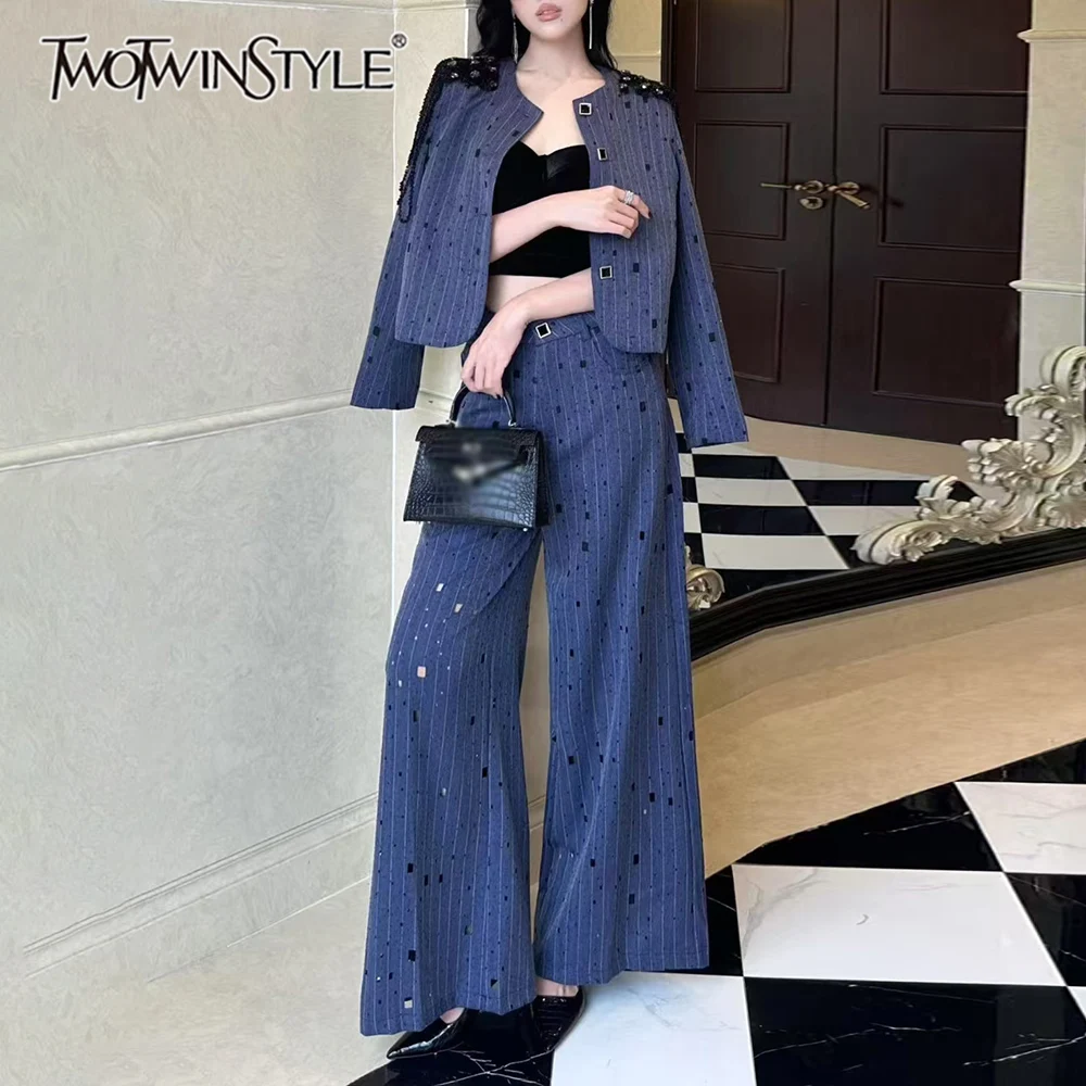 

TWOTWINSTYLE Hit Color Spliced Print Two Piece Set Female O Neck Long Sleeve Shirt Office Lady Women's Pants Set Summer Fashion