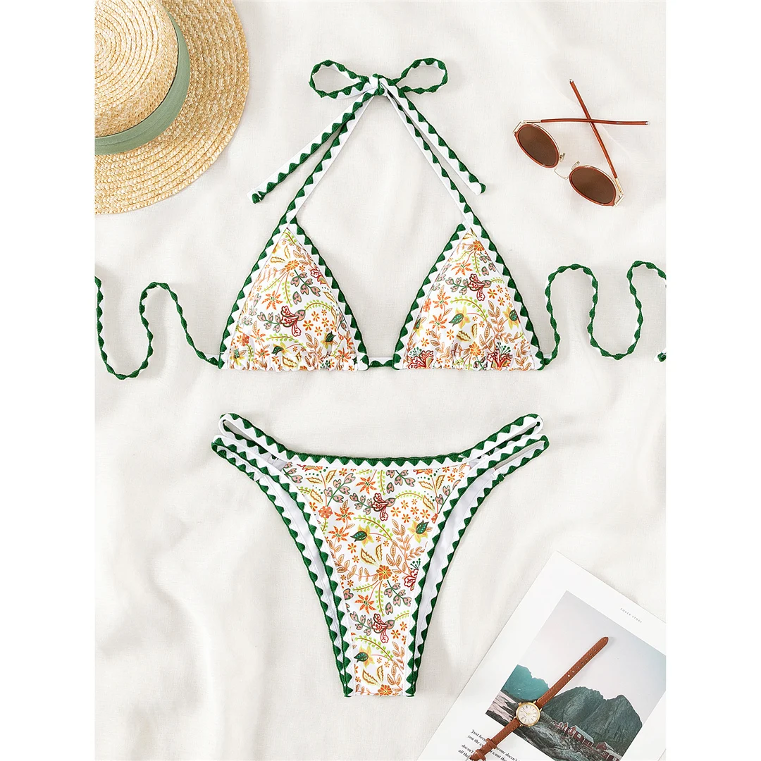 Sexy, mit Blumenmuster versehener, halterneckiger, brasilianischer Bikini, Damen-Badeanzug, zweiteiliges Bikini-Set, Badebekleidung, Badeanzug, Modell V4997. – Detail 9