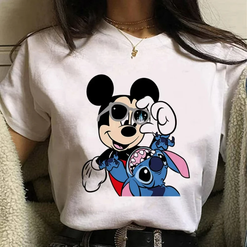 

Kawaii Women's T-shirt Disney Mickey Mouse and Stitch Tshirt Summer Fashion Trend Disneyland Clothes Thin Short Sleeve Tops Tees