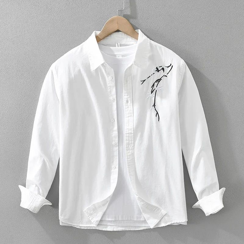 

Chinese Style Embroidery Long Sleeve Shirt for Men Casual Fashion Oversize Men's Clothing 2024 Autumen New White Shirts