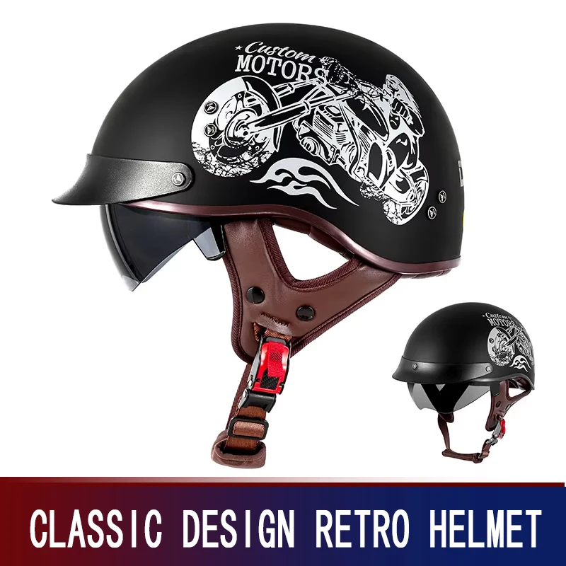 2026 new retro half helmet motorcycle scooter motorcycle helmet men and women scoop helmet four seasons light helmet pure black.