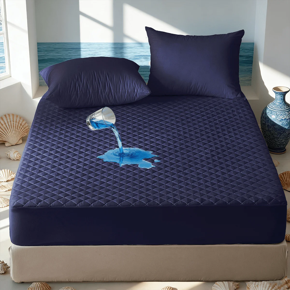 1pc Soft & Comfortable Waterproof Thickened Mattress Protector, Cooling Bedspreads, Layered Fitted Sheet With Solid Color Bedding Design, Ideal For Bedroom, Guest Room And Hotel Mattress Protection