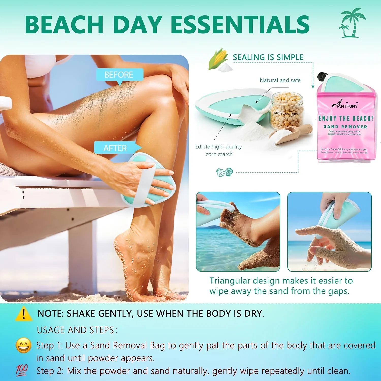 Sandbag, powder bag, beach vacation, camping, portable sand removal brush, cleaning tool