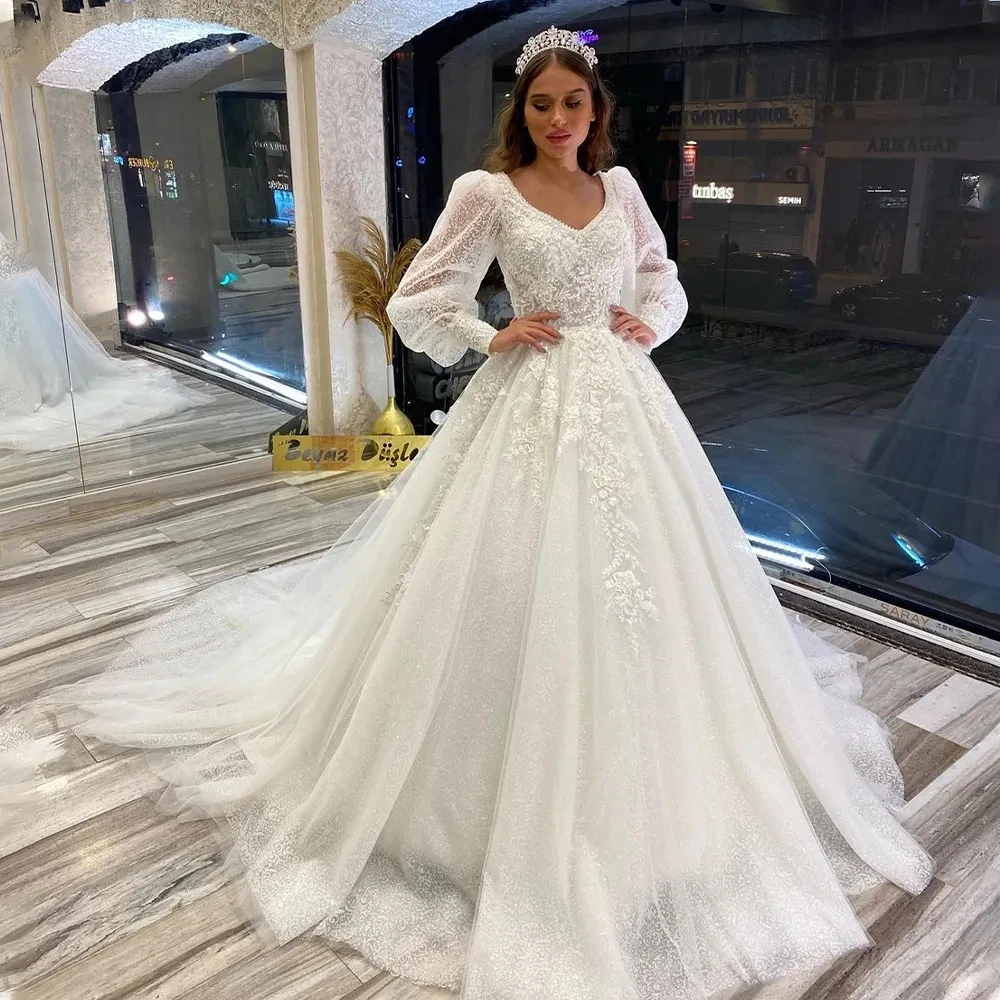 

Beautiful Fashion Wedding Dresses Elegant Sexy V-neck Fluffy Long Sleeves Exquisite Lace Appliques A-Line Mopping Bridal Gown