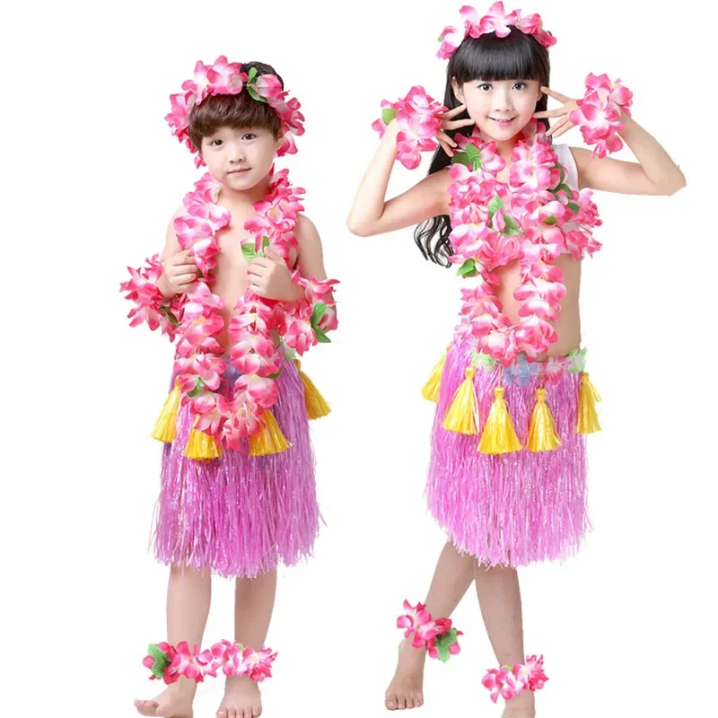 40cm Girls Boy Kids Children Hawaiian Costume Set Bra Grass Hula Skirt Necklace Flower Leis Anklets  Bracelets Headband