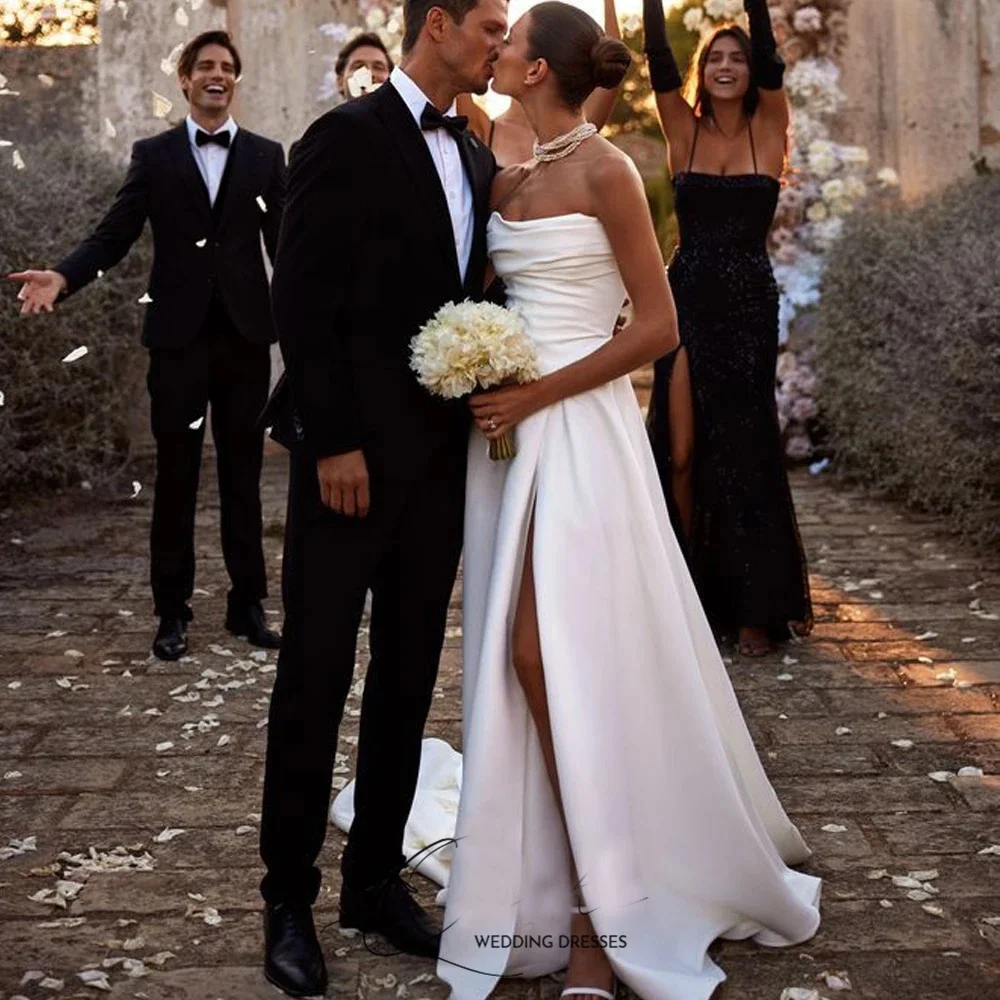 

ML Simple Satin Wedding Dresses Pleated Civil Bridal Gown Side Slit Minimalist Customized Bride Dress For Wedding Ceremony