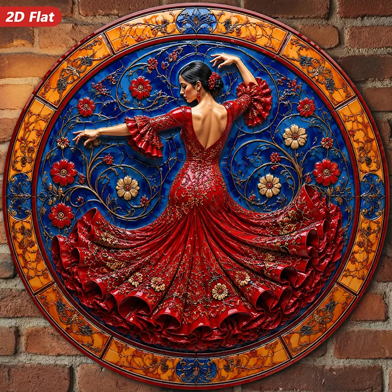 CIFBUY Elegant Flamenco Dancer Aluminum Wall Art Waterproof Wear Resistant Round Sign for Workspace Bedroom Living Room Home Dec