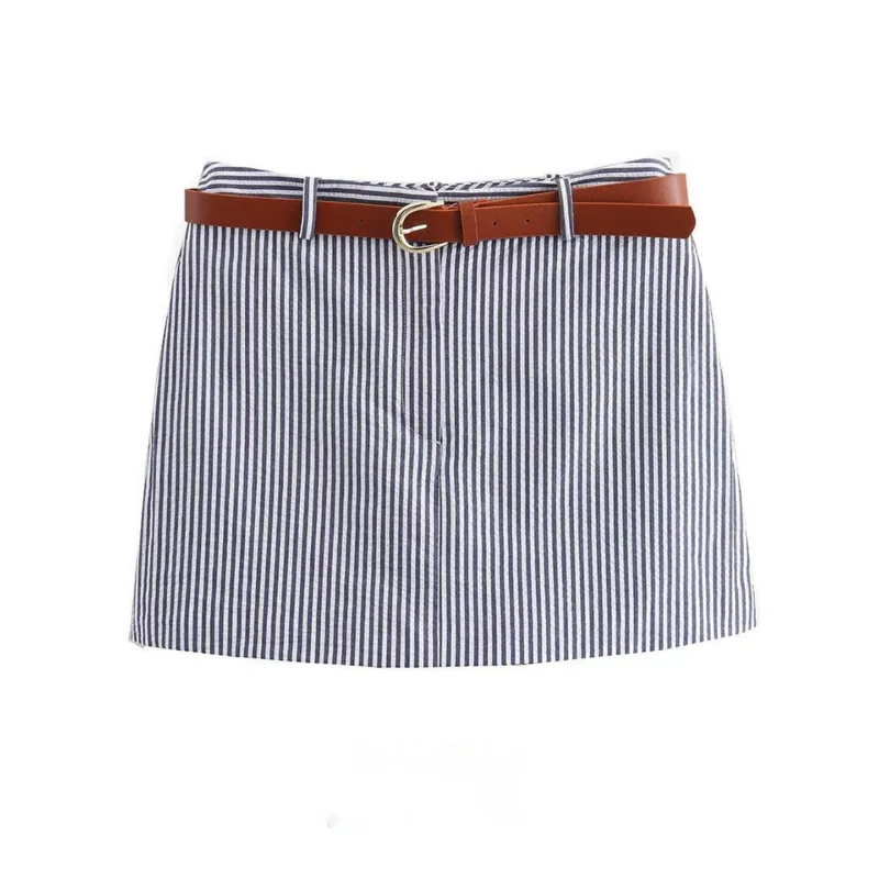 

Women Fashion Summer New Pinstripe Printed Blue Belt Zipper Fly Striped High Waisted Ladies Skirt Pants Straight Shorts Skirt