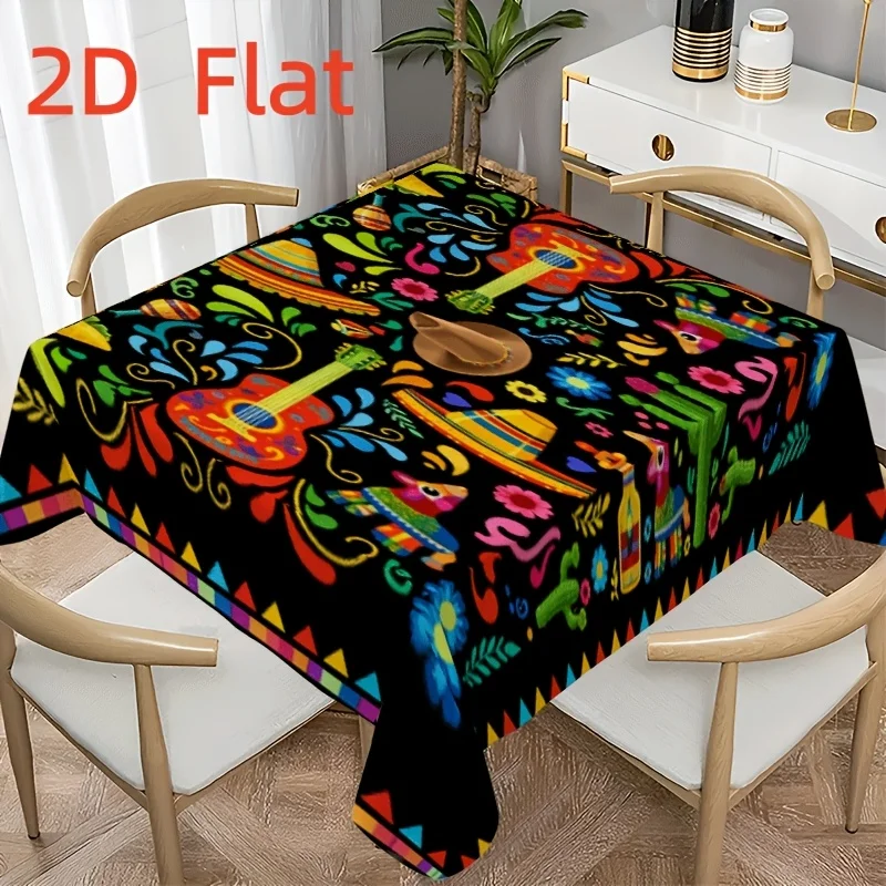 Mexican Fiesta Tablecloth,Black Base With Colorful Guitar Sombrero Floral Print, Rectangular Table Cover for Dining Kitchen Home