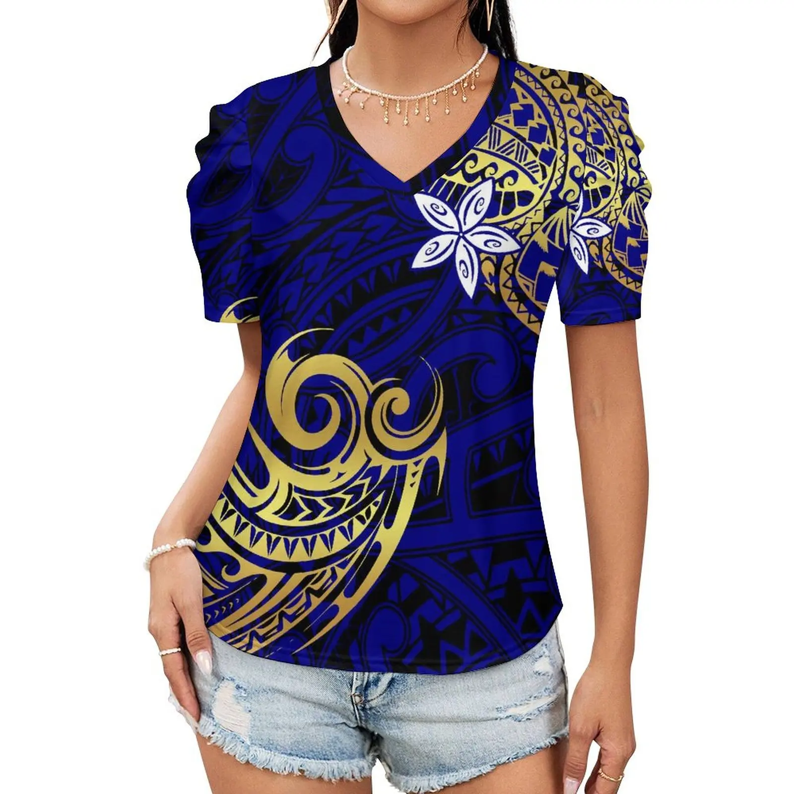 High Quality Wholesale Custom Print Hawaiian Island Polynesian Tribal Design Women T-Shirts V Neck Plus Size Polyester T Shirt