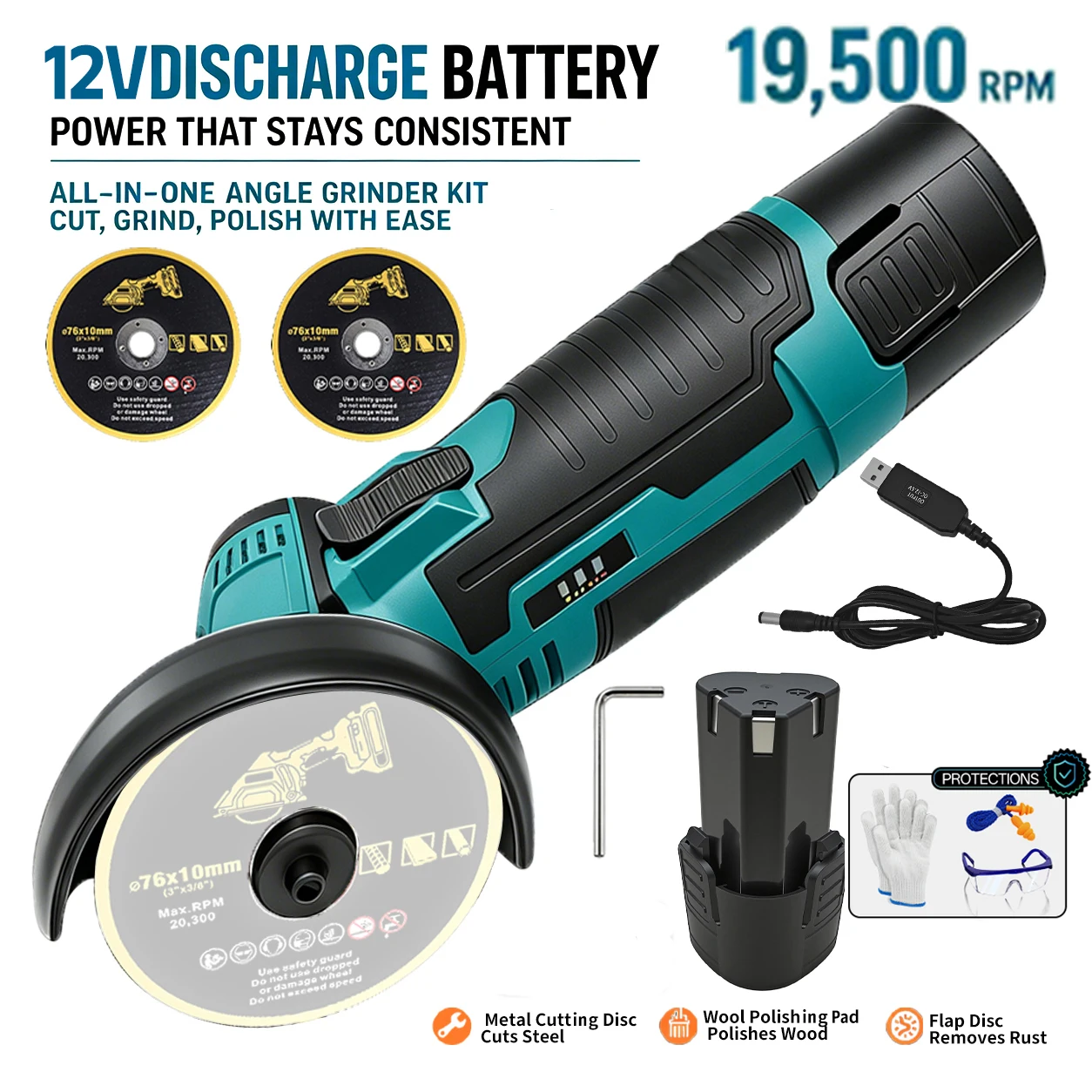 Esmerilhadeira Elétrica Portátil Hippcron 12V, Mini Máquina de Corte e Polimento Sem Fio com Bateria de Lítio