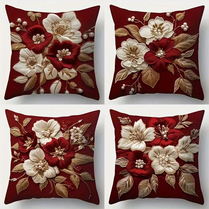 4pcs White & Red Floral Leaf Pillow Covers – Festive Print for Party, Sofa, Bed, Living Room, Office & Home Decor