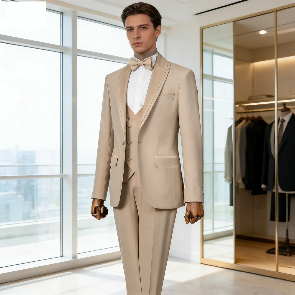 

Suave Khaki Unique Breasted Peak Lapel Men's Ternos 3-Piece Suit (Jacket + Pants + Vest) Wedding Party Ensemble