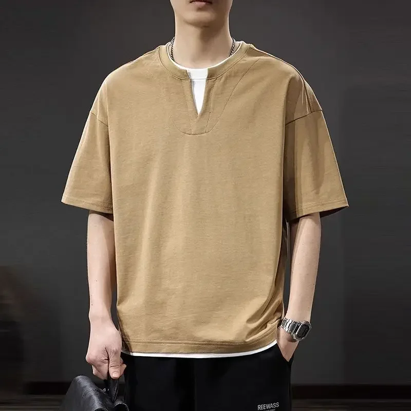 LIBIELIY Fashion O-Neck Spliced Fake Two Pieces T-Shirts Men Clothing 2025 Summer New Loose Solid Color England Tops Casual Tee