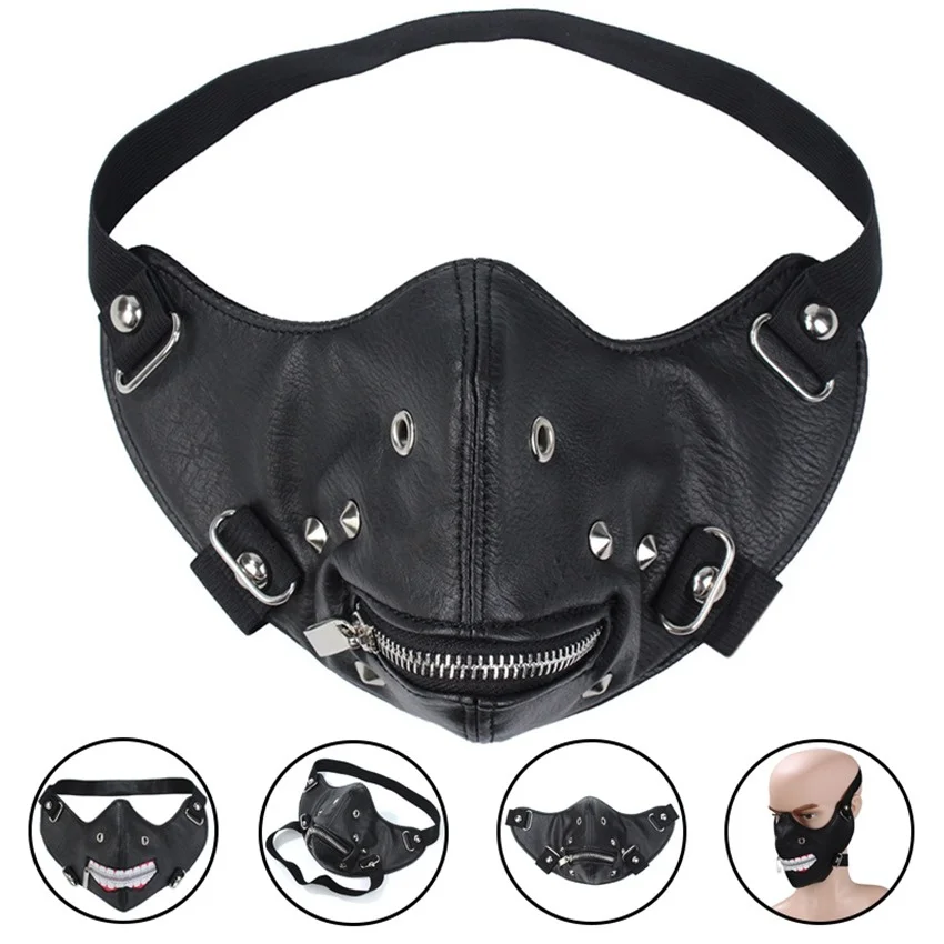 Punk Rivets Mask PU Leather Mask Trendy Zipper Face Mask Motorcycle Mask Anti-dust Masks Mouth Muffle