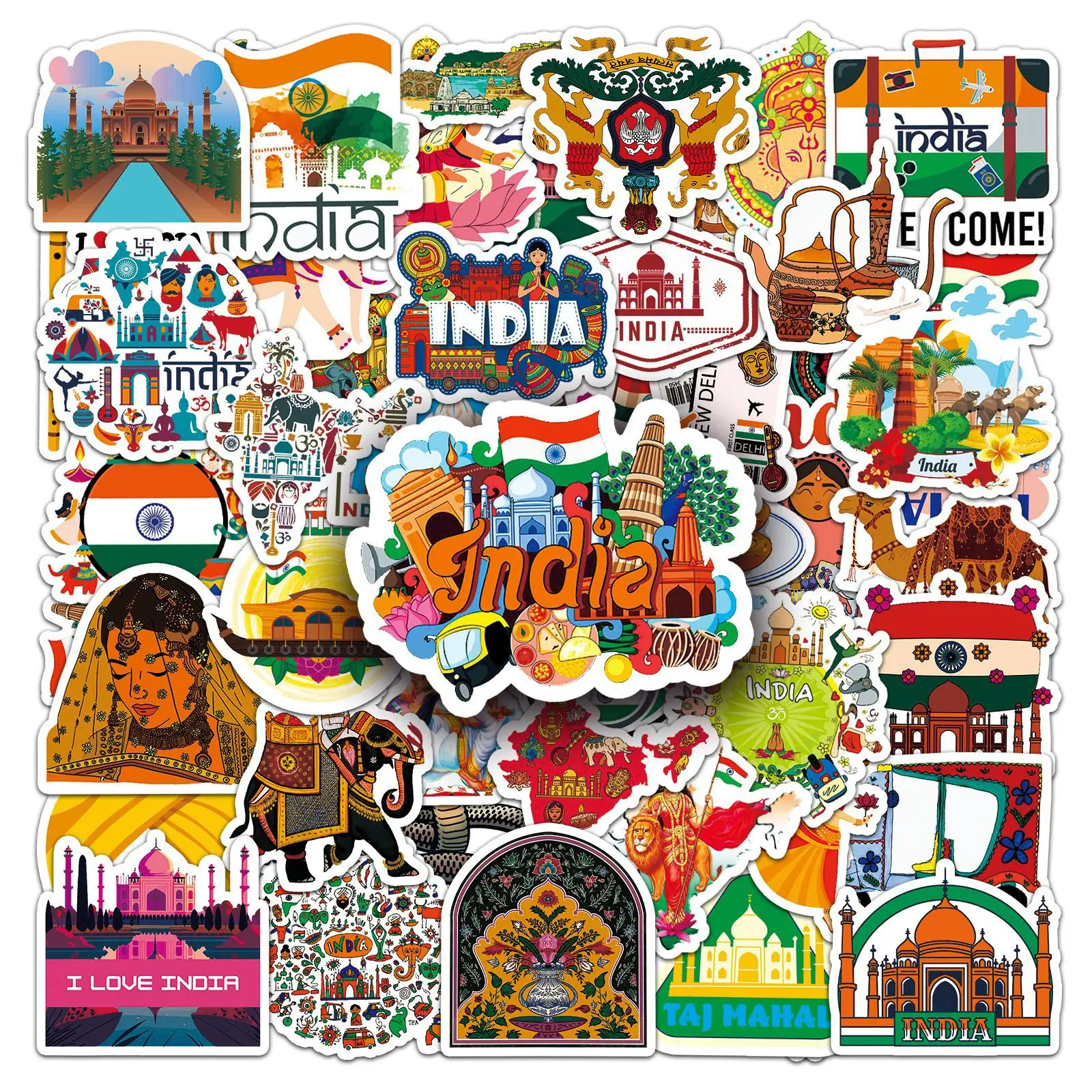 50PCS India Cartoon Stickers Tourism Scenery Graffiti Landmarks Decals Culture Decoration Laptop Guitar Car Bike Decoration