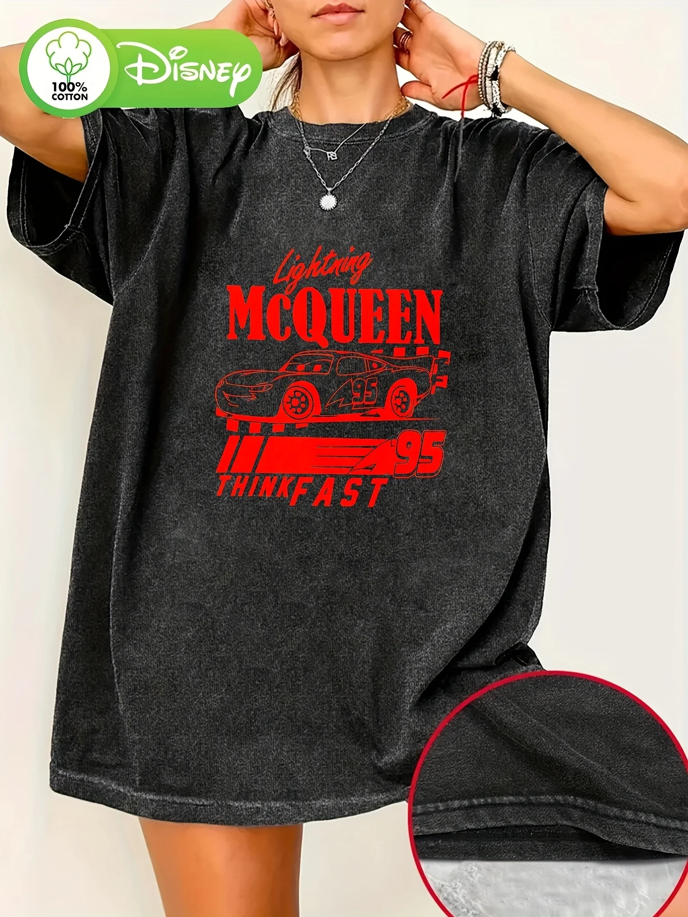 

Женская футболка Disney Car Movie с рисунком молнии Маккуин, гоночный дизайн, топ в стиле ретро, топ из стираной ткани, весенне-летний топ