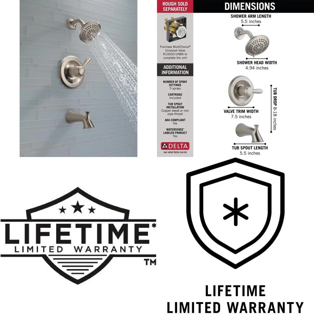 

Single-Handle Tub and Shower Trim Kit with 5-Spray Touch-Clean Showerhead, Stainless Steel
