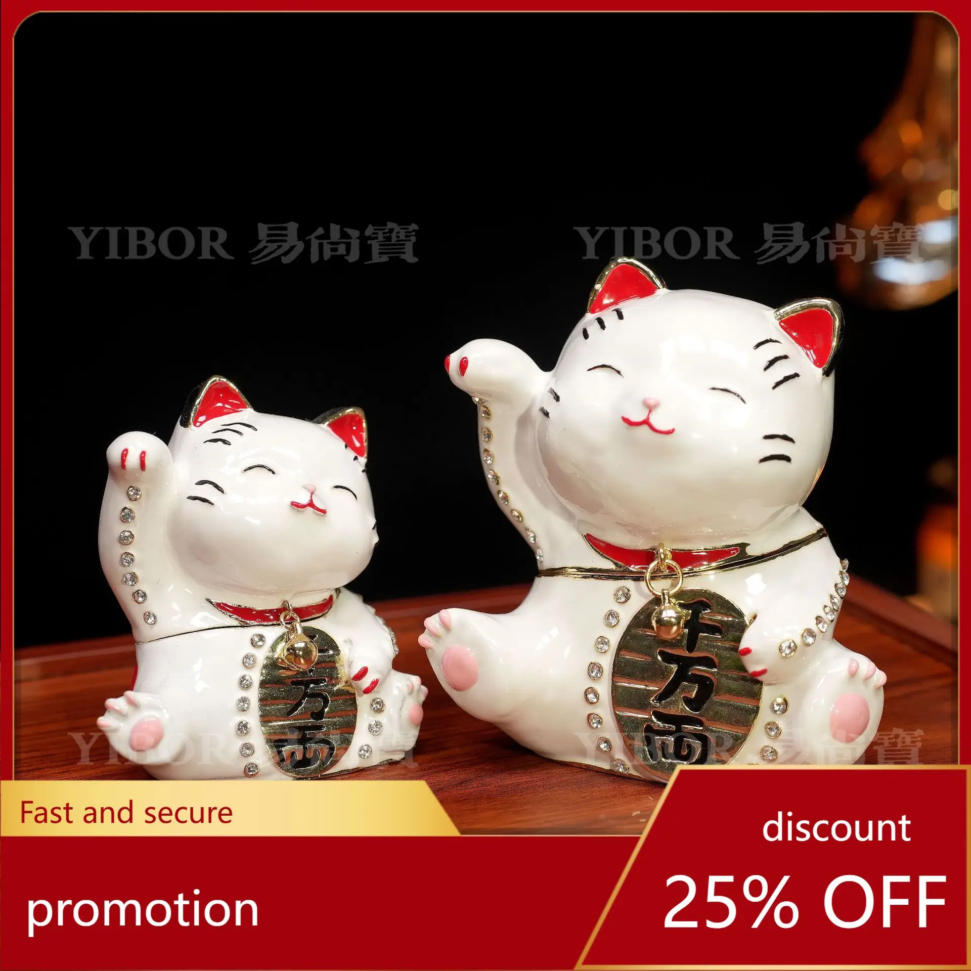 

H1 Metal Enamel Jewelry Box Creative Home Decor Cartoon Fortune Cat Wishing Ornament Desktop Decoration