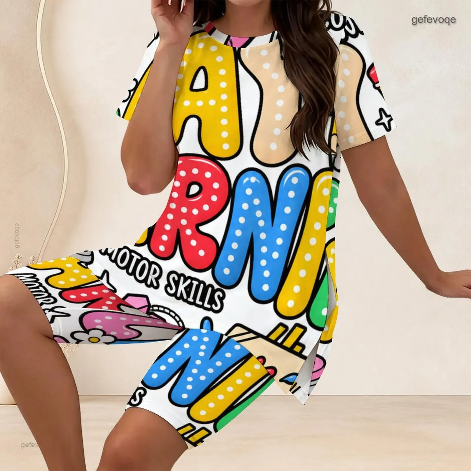 Women 2 Piece Outfit Round Neck Short Sleeve Split Side Long T Shirt With Biker Shorts Set Custom Print Ladies Casual Loungewear